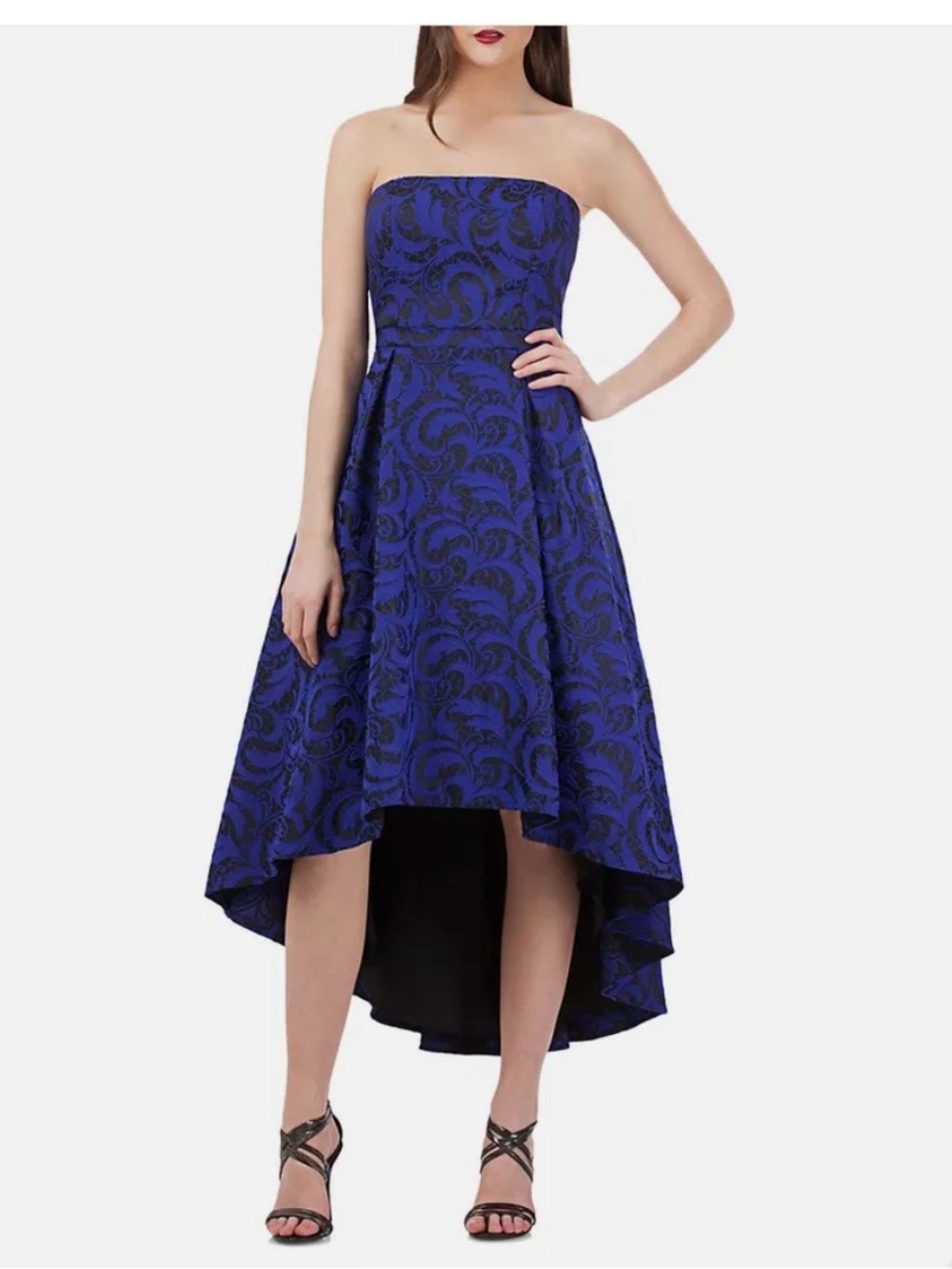 Blue Jacquard Strapless High-Low Dress